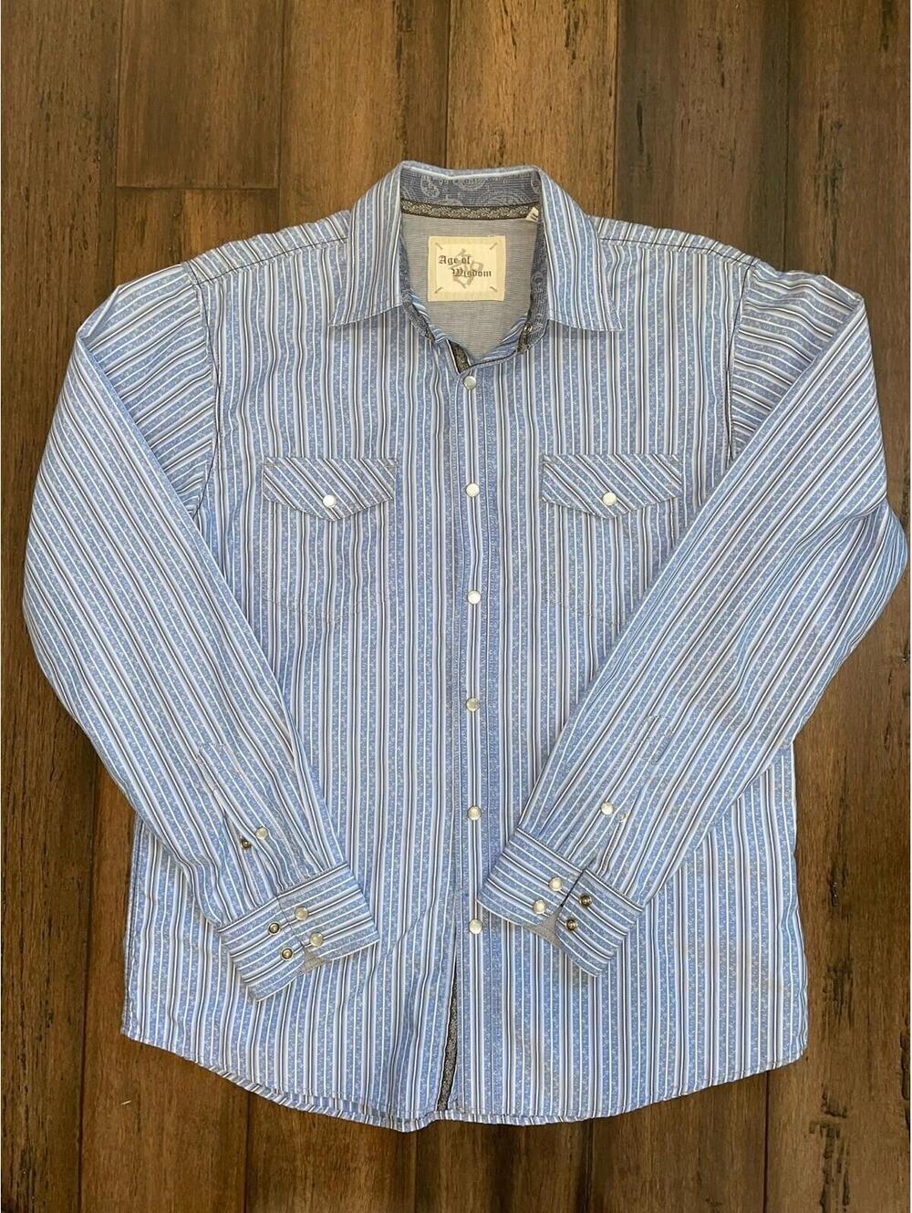 Age of Wisdom Men’s M Double Pocket Pearl Snap Western Shirt Blue & White Stripe